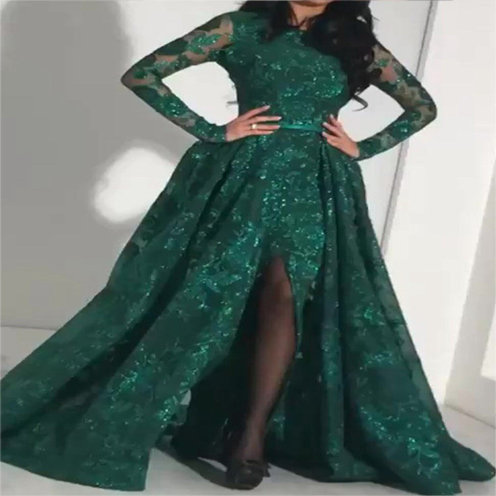Dame Elegant aftenkjole med transparente langærmede detaljer og glitrende stof Stilla