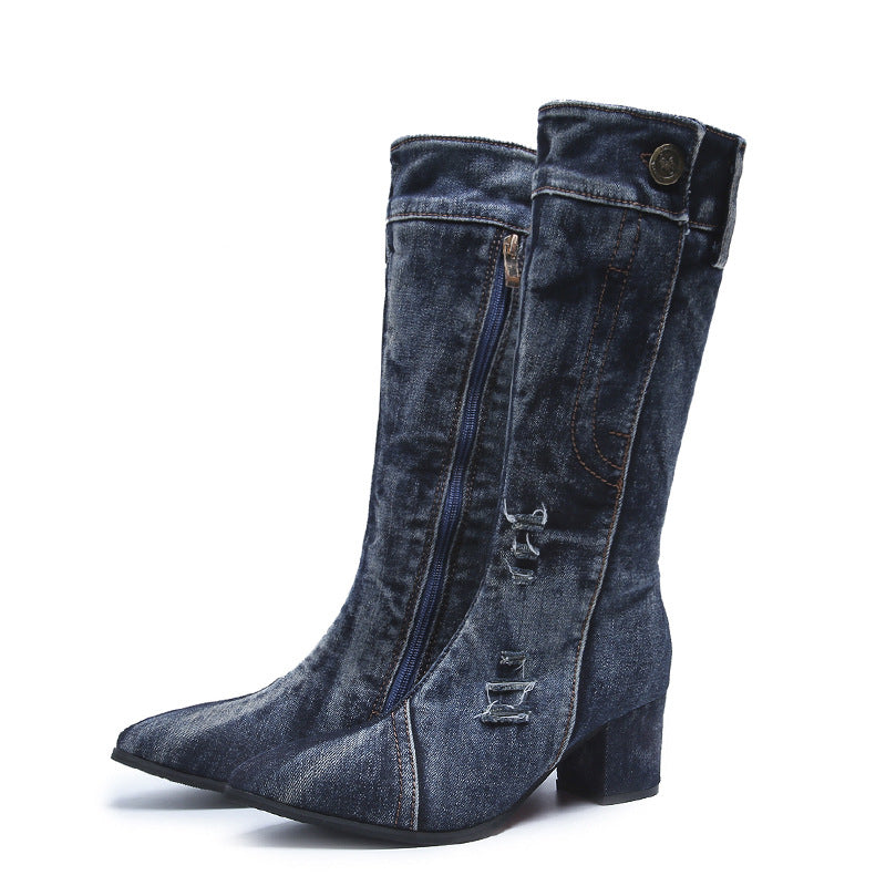 Dame Høje Støvler i robust Denim med elegant snit Stilla