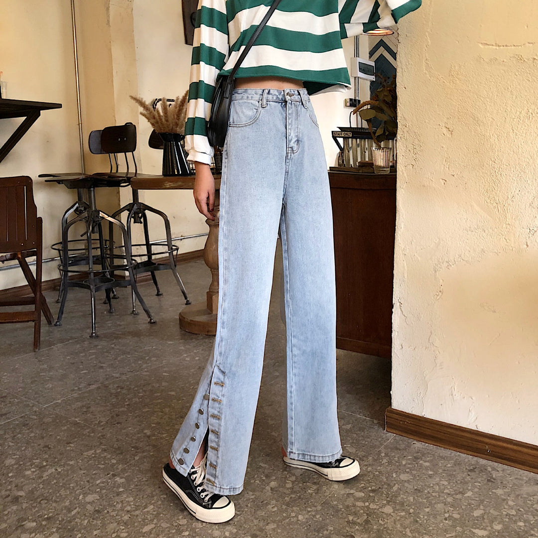 Kvinders brede jeans med dekorative knapdetaljer Stilla