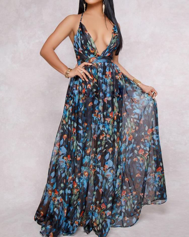 Stilla | Blomsterprint Plisseret Rygløs Slip Maxi Kjole
