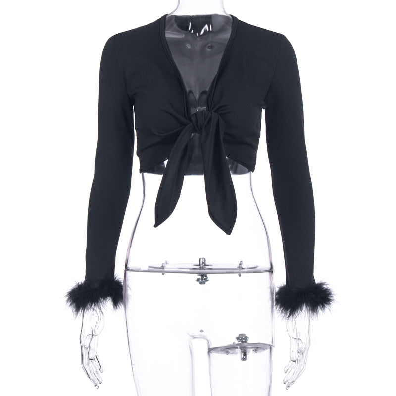 Dame Crop-Top med elegante Flauschenærmer og bindedetalje Stilla