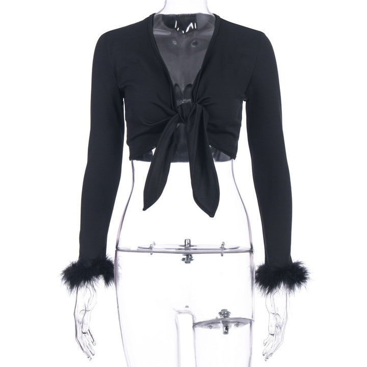 Dame Crop-Top med elegante Flauschenærmer og bindedetalje Stilla