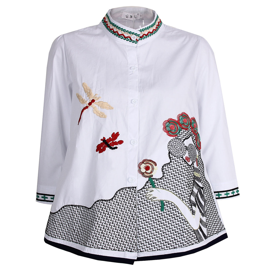 Damebluse med farverige broderier og moderne krave Stilla