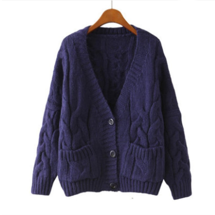 Kvinders chunky strikket cardigan med knaplukket lommer og V-hals Stilla