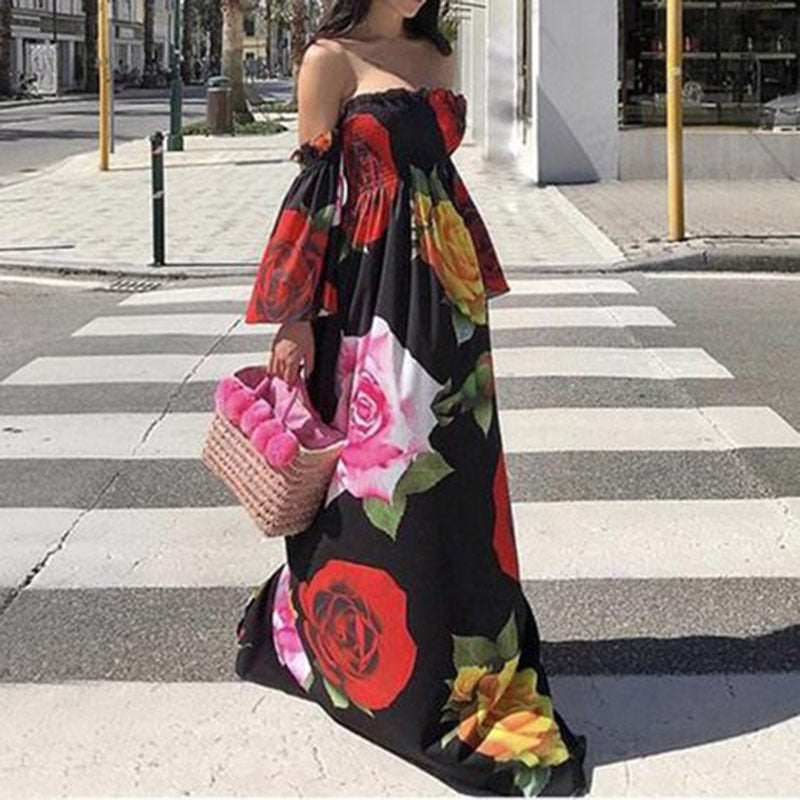 Dame Off-Shoulder Maxikjole med blomstret design og voluminøse ærmer Stilla