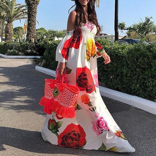 Dame Off-Shoulder Maxikjole med blomstret design og voluminøse ærmer Stilla