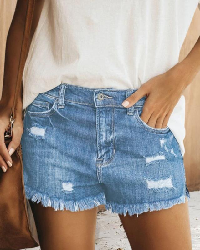 Dame Destroyed Denim-Shorts med frynset kant og afslappet pasform Skovae