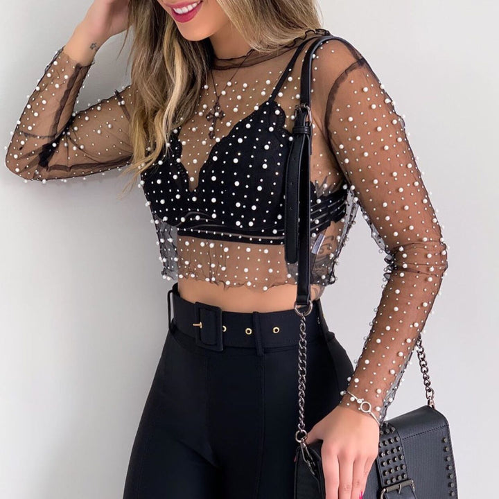 Dame Gennemsigtig Perlebesat Crop Top Stilla