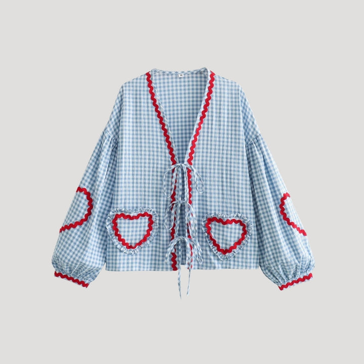 Stilla | Gingham Bånd Front Strikketrøje Med Hjerte Detaljer