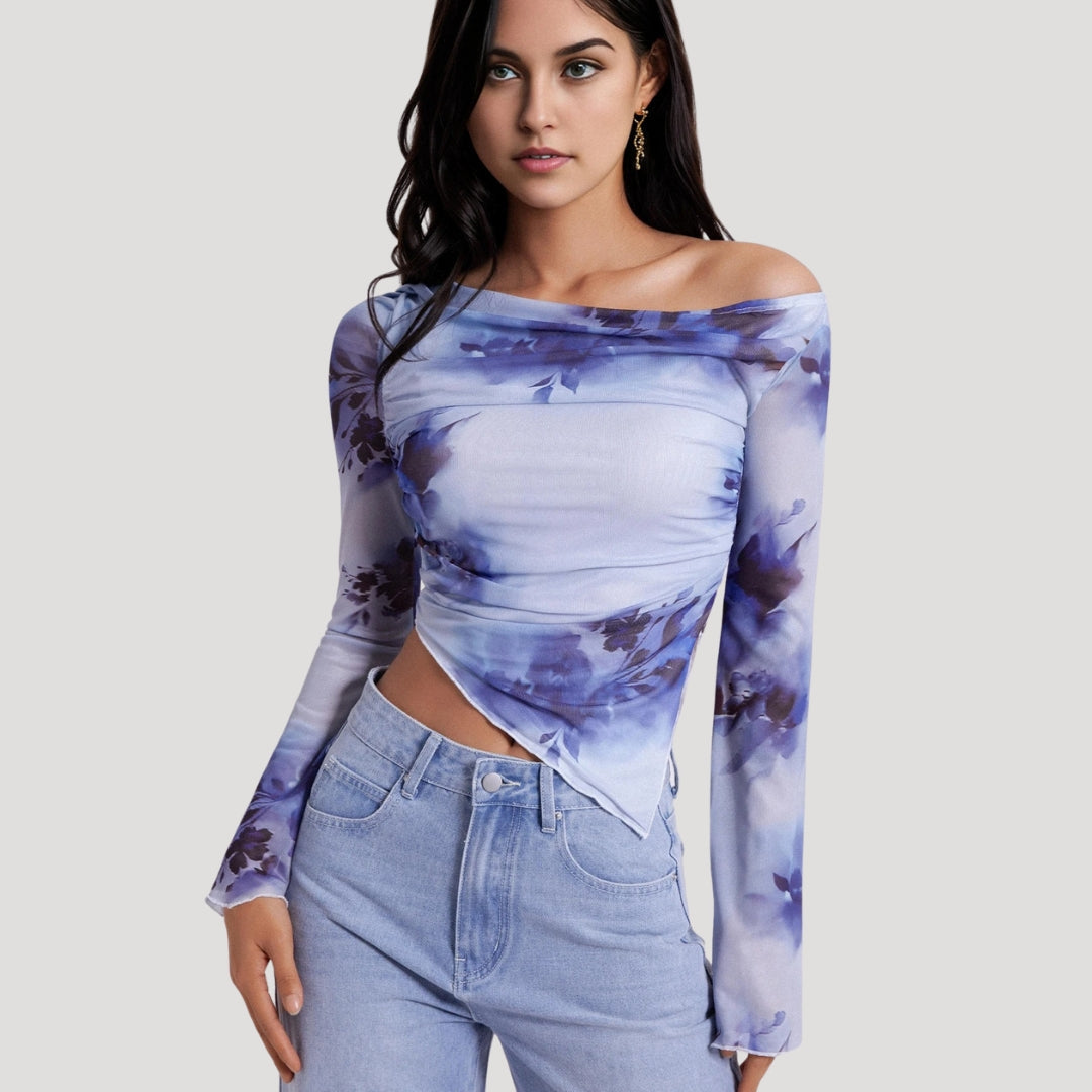 Stilla | Off Shoulder Blå Blomster Mesh Top