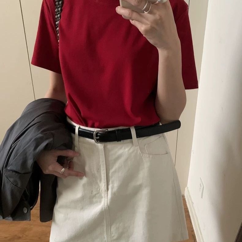Damer Rundhalet Kortærmet T-Shirt Ensfarvet Slim Fit
