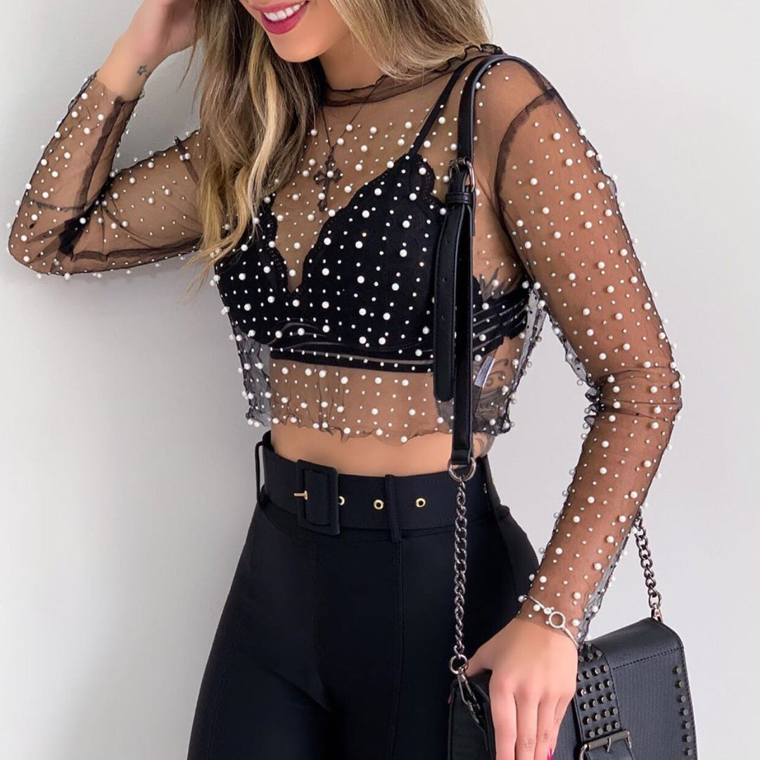 Dame Cropped T-shirt med sjove perler og gennemsigtigt design Stilla