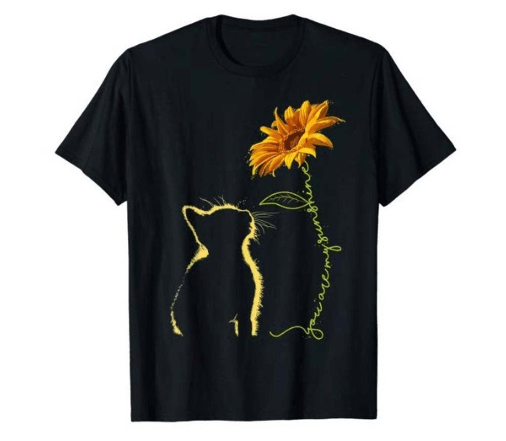 Kvinders T-shirt med kreativ kat og solsikke motiv Stilla