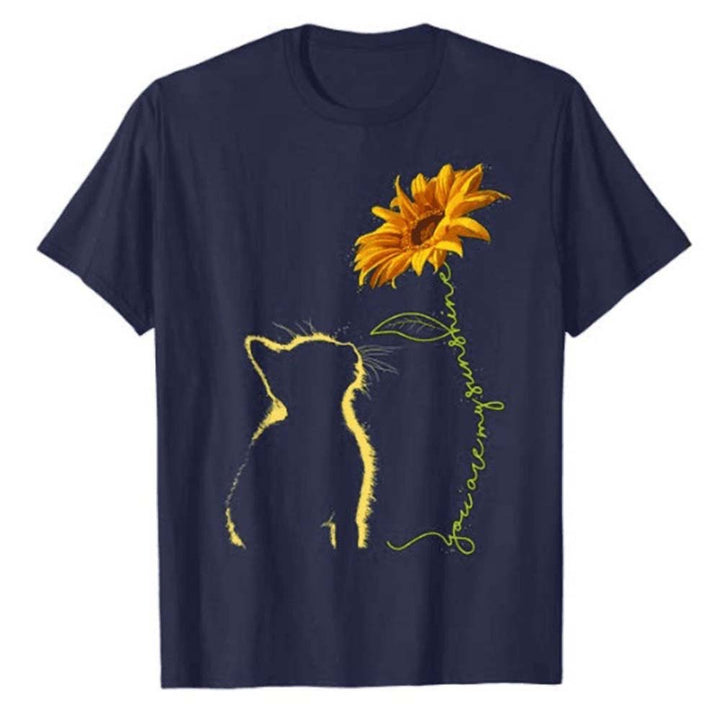 Kvinders T-shirt med kreativ kat og solsikke motiv Stilla