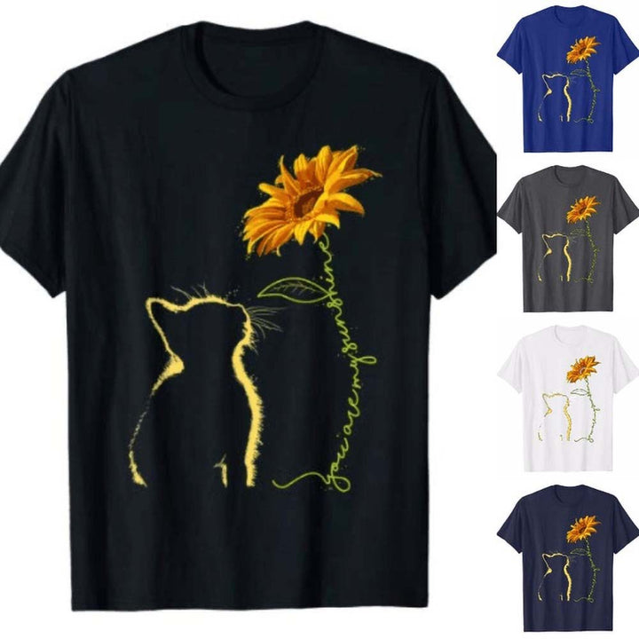 Kvinders T-shirt med kreativ kat og solsikke motiv Stilla