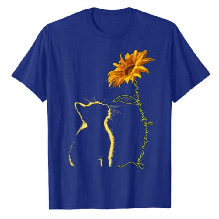 Kvinders T-shirt med kreativ kat og solsikke motiv Stilla