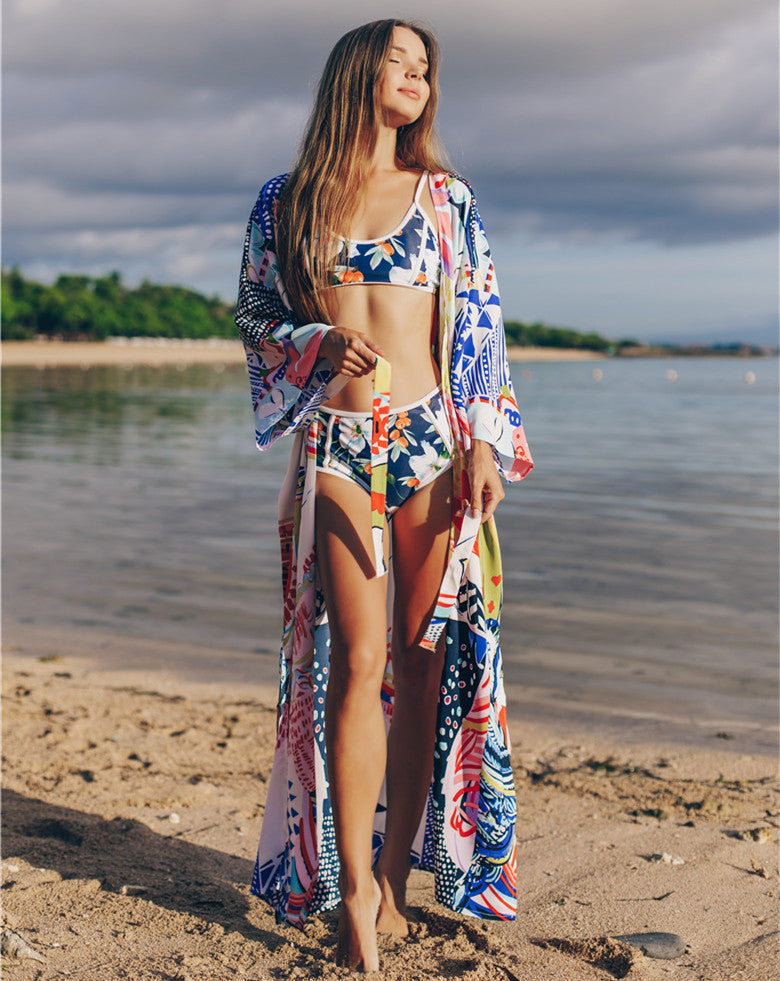 Dame Strandkimono med farverigt grafikdesign og rummelig pasform Stilla
