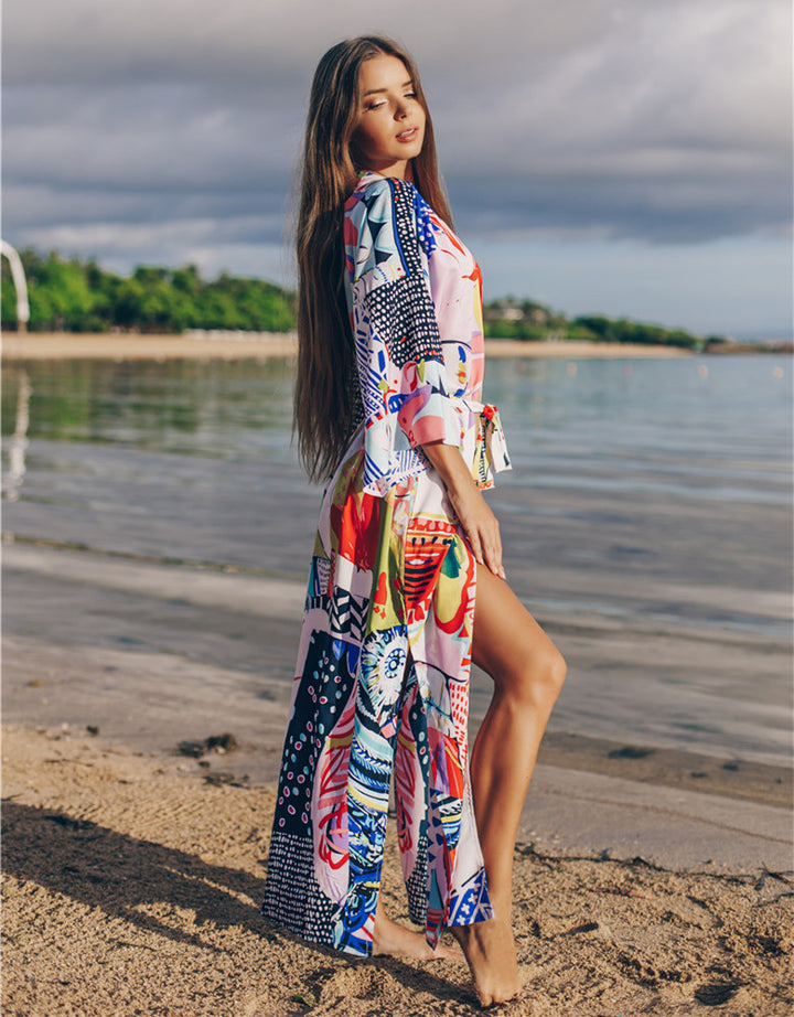Dame Strandkimono med farverigt grafikdesign og rummelig pasform Stilla
