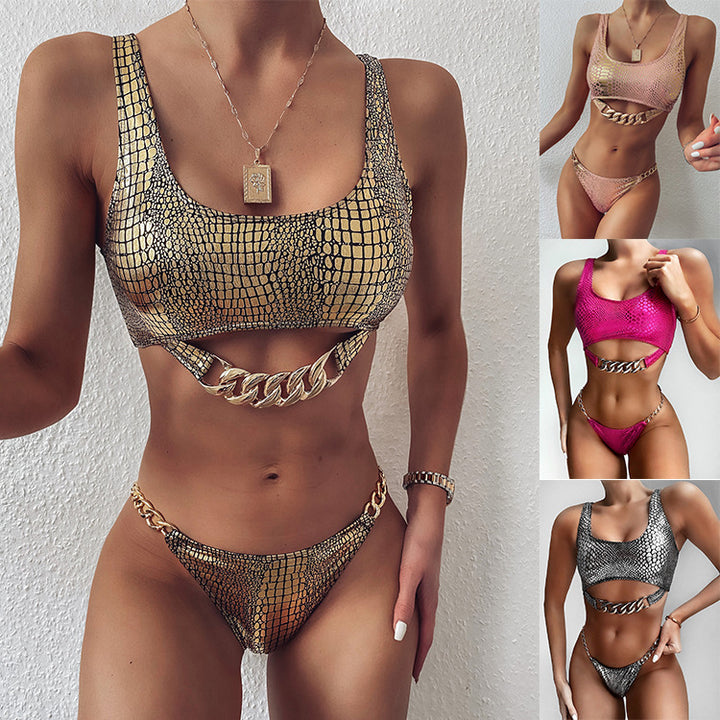 Dame bikini sæt med smart slange mønster og kæde detalje Skovae