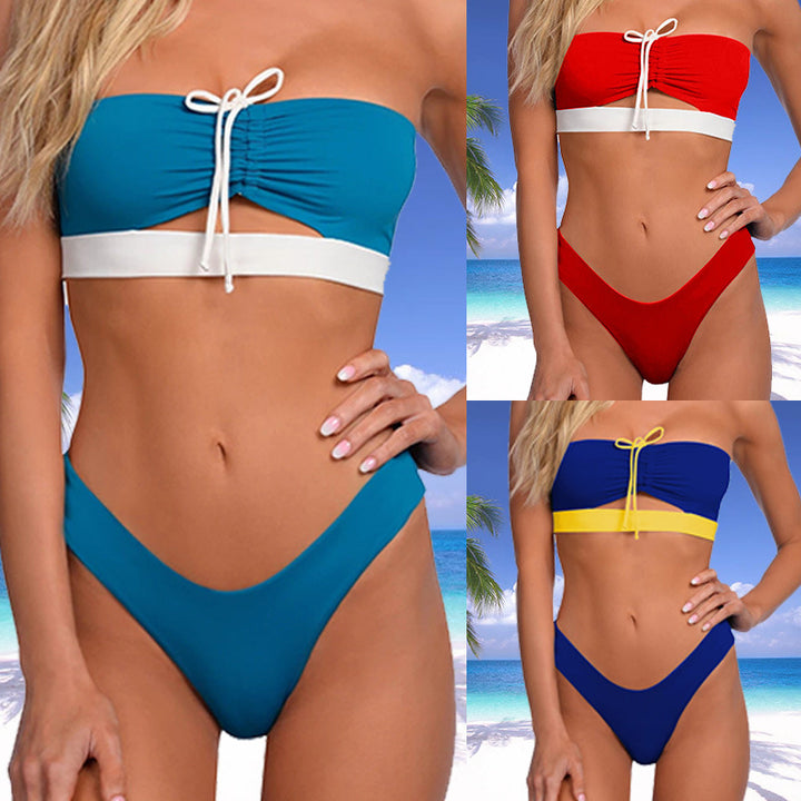 Dame bandeau bikini sæt med justerbart snøre detaljer og høj udskæring Stilla