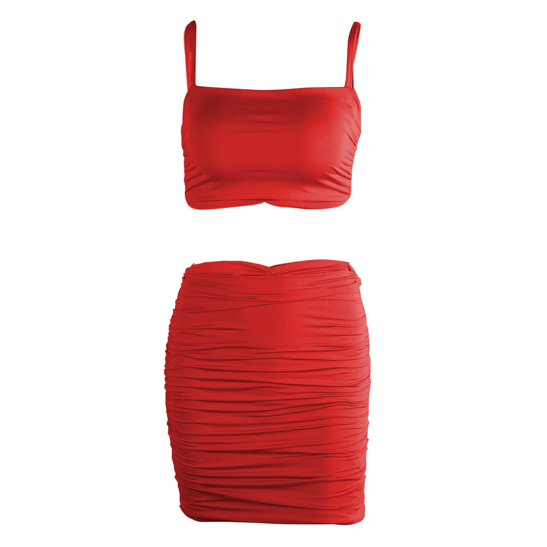 Dame To-delt Sæt bestående af rynket Crop-Top og Miniskørt Skovae