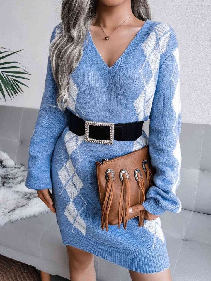 Stilla | Højre Argyle V-hals Ribbet Kant Sweater Kjole