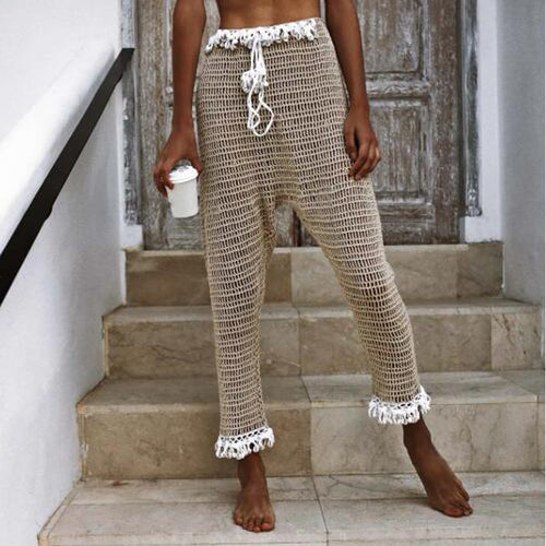 Dame hæklede strandleggings med dekorative frynser og elastisk talje Skovae