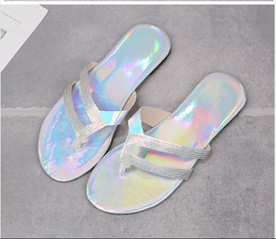 Dame mode Flip-Flops med glitrende remme og holografisk overmateriale Stilla