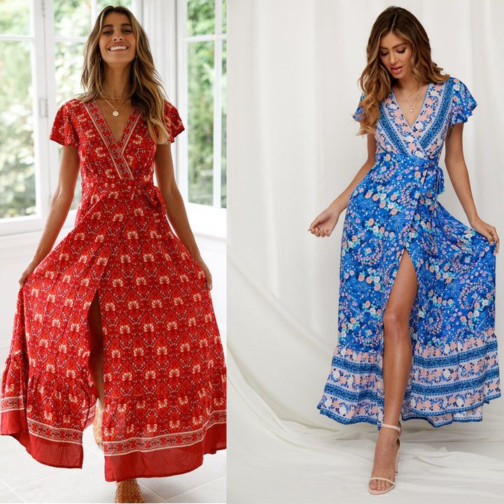 Dame Floral Maxi Bindekjole med Høj Slids og Flæsedetaljer Stilla