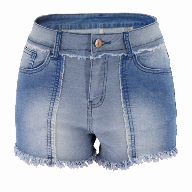 Dame moderigtige Denim-shorts i patchwork-design med frynset afslutning og høj talje Stilla