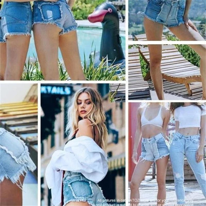 Dame moderigtige Denim-shorts i patchwork-design med frynset afslutning og høj talje Stilla