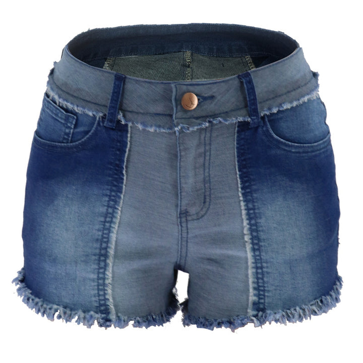 Dame moderigtige Denim-shorts i patchwork-design med frynset afslutning og høj talje Stilla