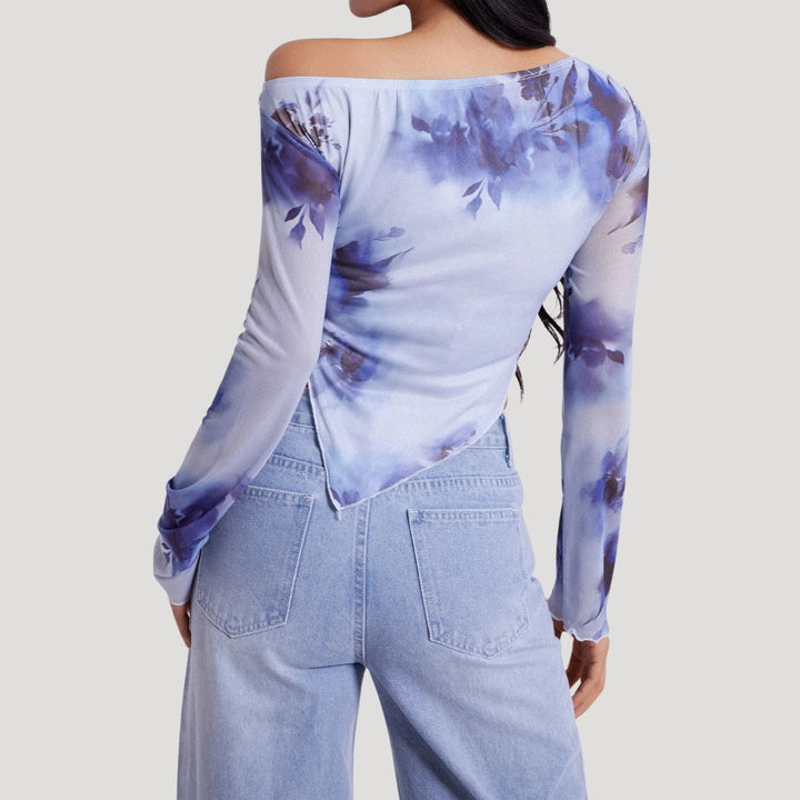 Stilla | Off Shoulder Blå Blomster Mesh Top