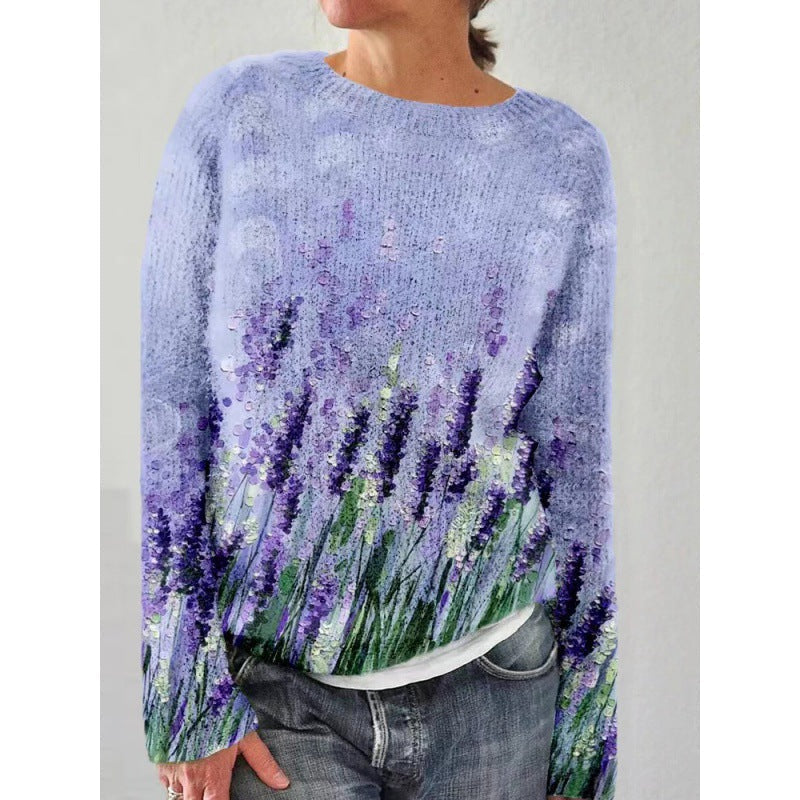 Stilla | Strikpullover Blød strik Løs pasform Rund hals Blomster mønster