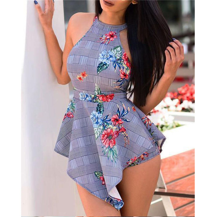 Dame Floral Print Høj-Lav Peplum Kjole Stilla