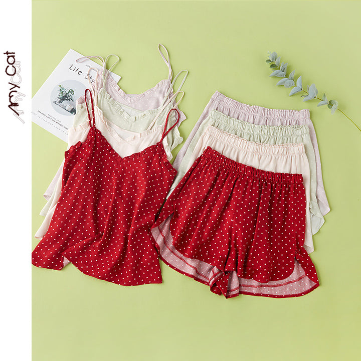 Dame pyjamasæt med spaghetti-stropper og luftige shorts Stilla