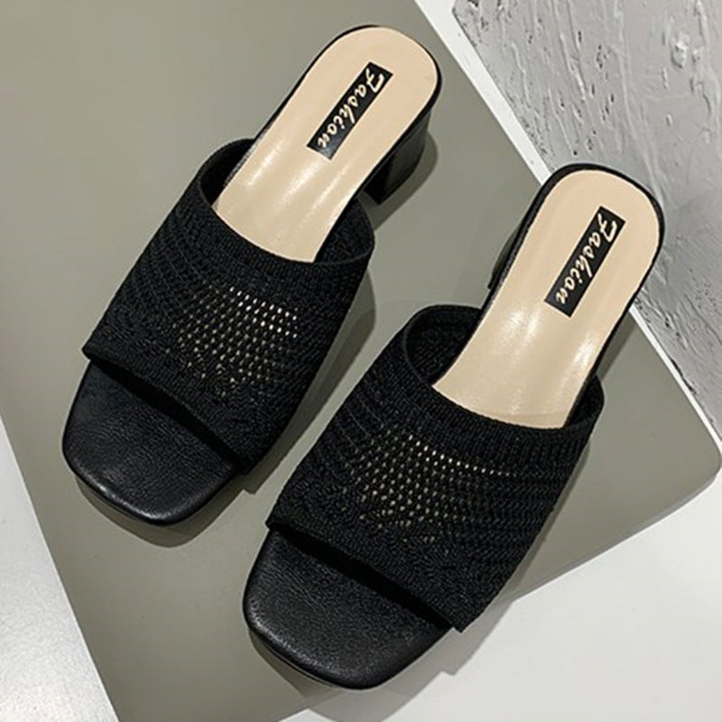 Dame nan luftige strik-sandaler med firkantet tåparti og bred blokhæl Skovae