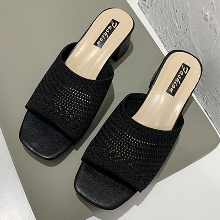 Dame nan luftige strik-sandaler med firkantet tåparti og bred blokhæl Skovae