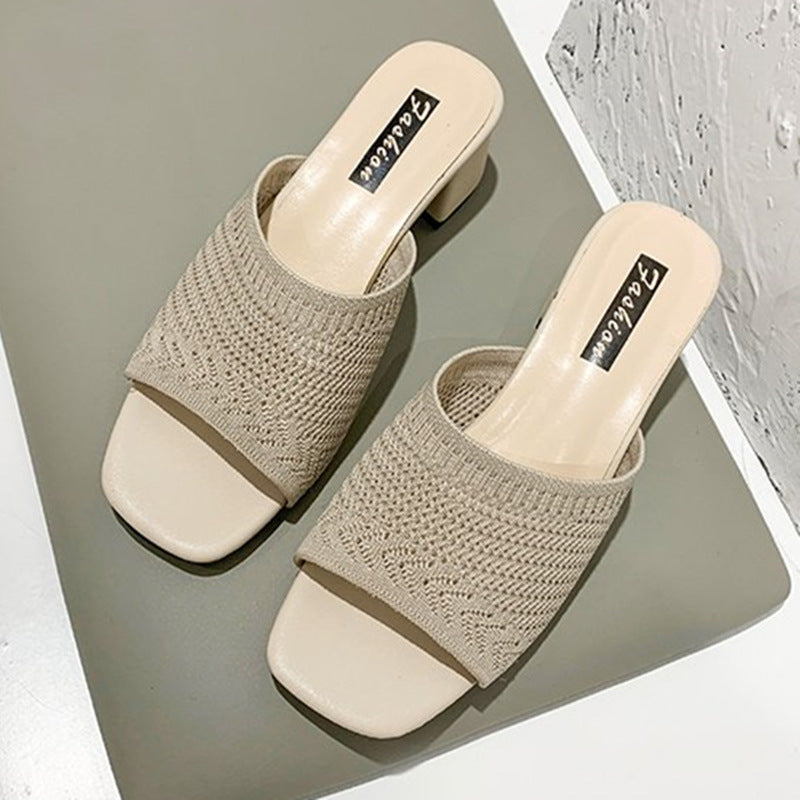 Dame nan luftige strik-sandaler med firkantet tåparti og bred blokhæl Skovae