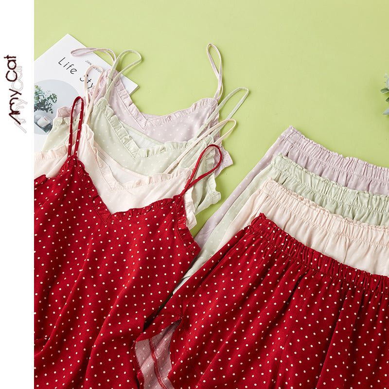Dame pyjamasæt med spaghetti-stropper og luftige shorts Stilla