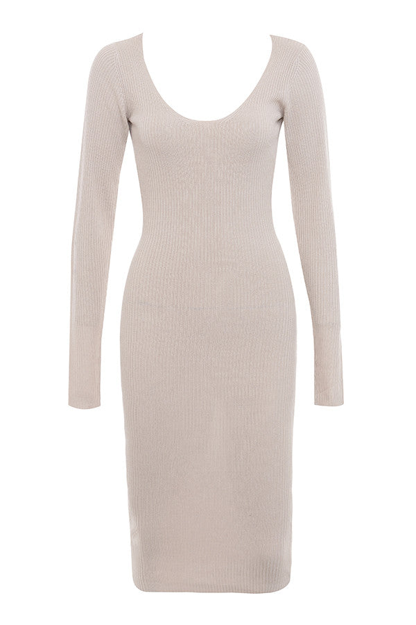 Stilla | Taupe Ribstrikket Midikjole