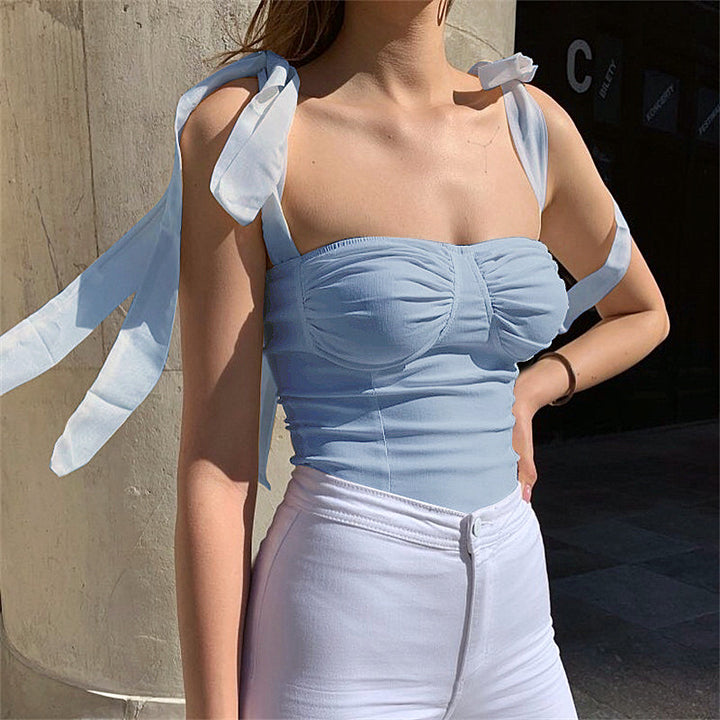 Dame romantisk flæse top med bindebånd Crop Top Stilla