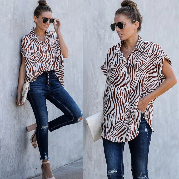 Femme Størrelse Zebra-Print Knap-Op Bluse Stilla