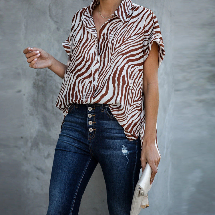 Femme Størrelse Zebra-Print Knap-Op Bluse Stilla