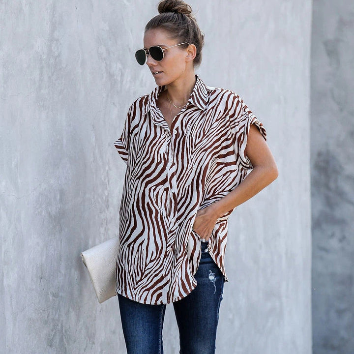 Femme Størrelse Zebra-Print Knap-Op Bluse Stilla