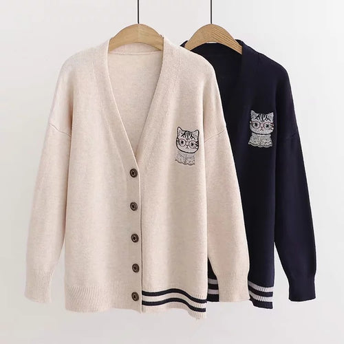 Dame fritids strikcardigan med kattebroderi Stilla