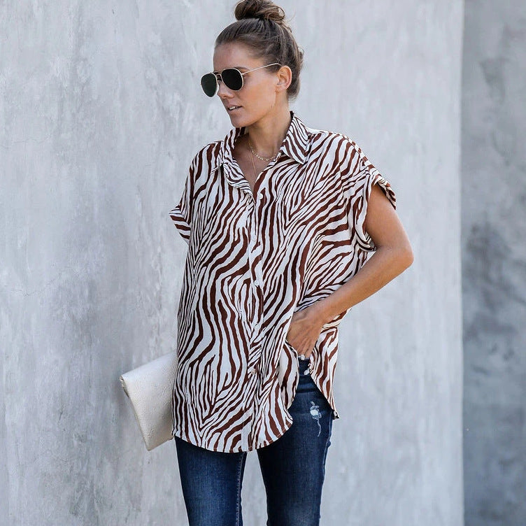 Femme Størrelse Zebra-Print Knap-Op Bluse Stilla