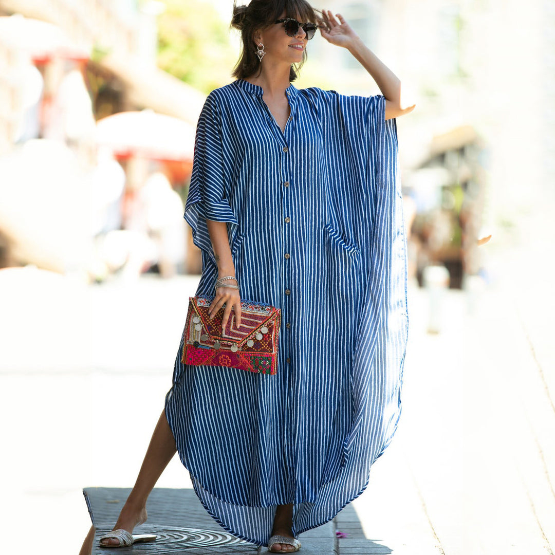 Dame Kaftan med stilfulde striber og knapliste Stilla