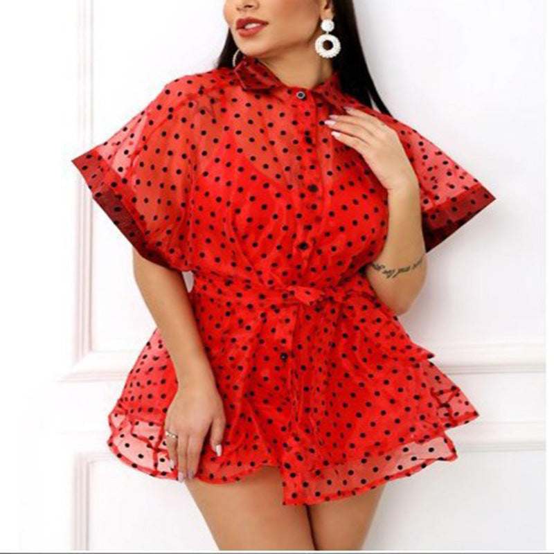 Dame Polka-Dots Chiffon-kjole med voluminøse ærmer og elastisk talje Skovae