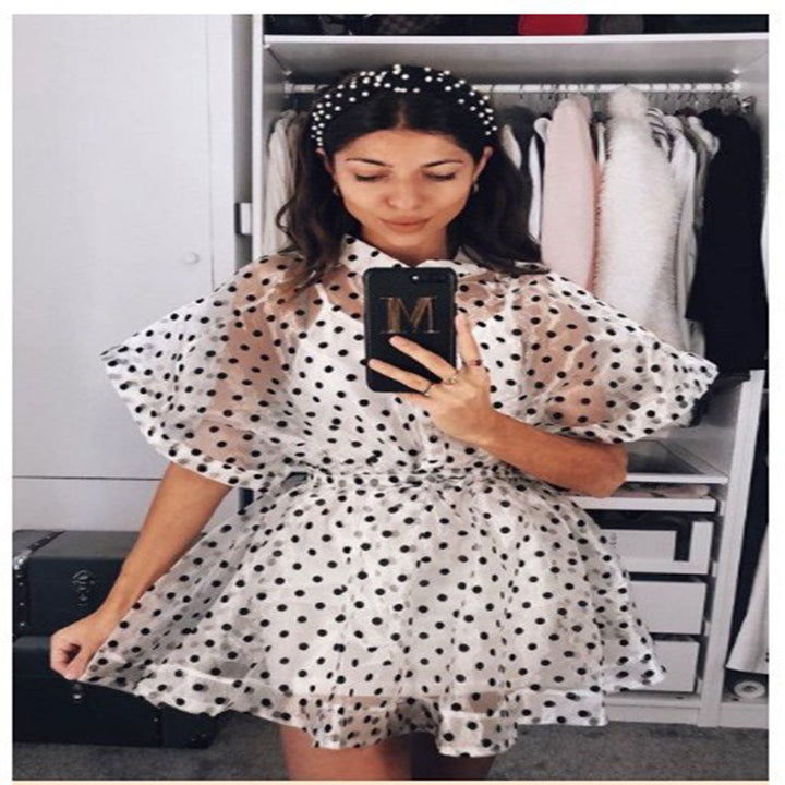 Dame Polka-Dots Chiffon-kjole med voluminøse ærmer og elastisk talje Skovae